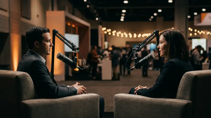Podcast d’événement : deux intervenants en interview vidéo avec micros